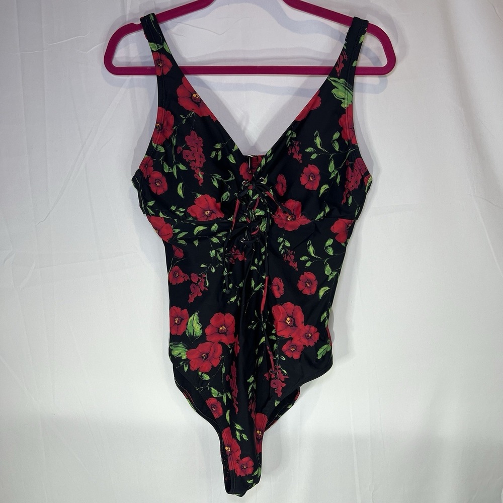 Adore Me Womens Plus Size 1x One Piece Swimsuit Black Red Floral Swim